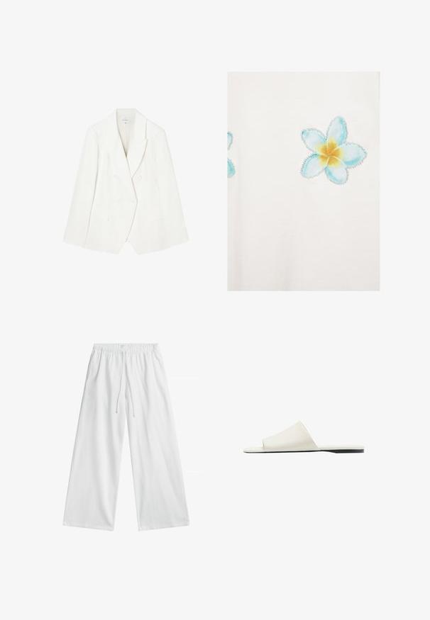 Blazer croisé en lin blanc avec des revers en pointe, deux poches avant et des poignets boutonnés. Texture lisse avec des détails de couture subtils.; Tissu blanc avec des motifs floraux bleu clair et jaune, soulignés par de petites perles transparentes.; Pantalon blanc à jambes larges avec taille élastique et cordon de serrage, doté de poches latérales, posé à plat sur un fond blanc.; Sandale blanche à enfiler avec une large bride unique et une semelle plate, vue de côté sur fond blanc.