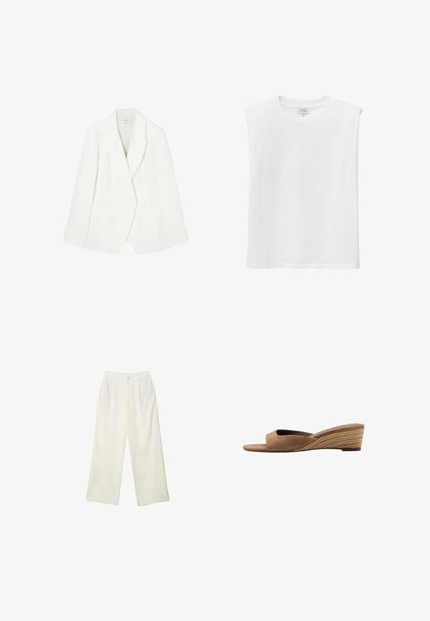 Blazer croisé en lin blanc avec des revers en pointe, deux poches avant et des poignets boutonnés. Texture lisse avec des détails de couture subtils.; Débardeur muscle blanc sans manches avec encolure ronde et épaules légèrement rembourrées sur fond uni.; Pantalons à jambes larges en tissu crème avec une texture lisse, dotés d'un seul bouton à l'avant, de plis subtils et d'un design taille haute.; Sandale mule en daim marron à bout ouvert avec un petit talon compensé tressé et une bride arrière fermée.