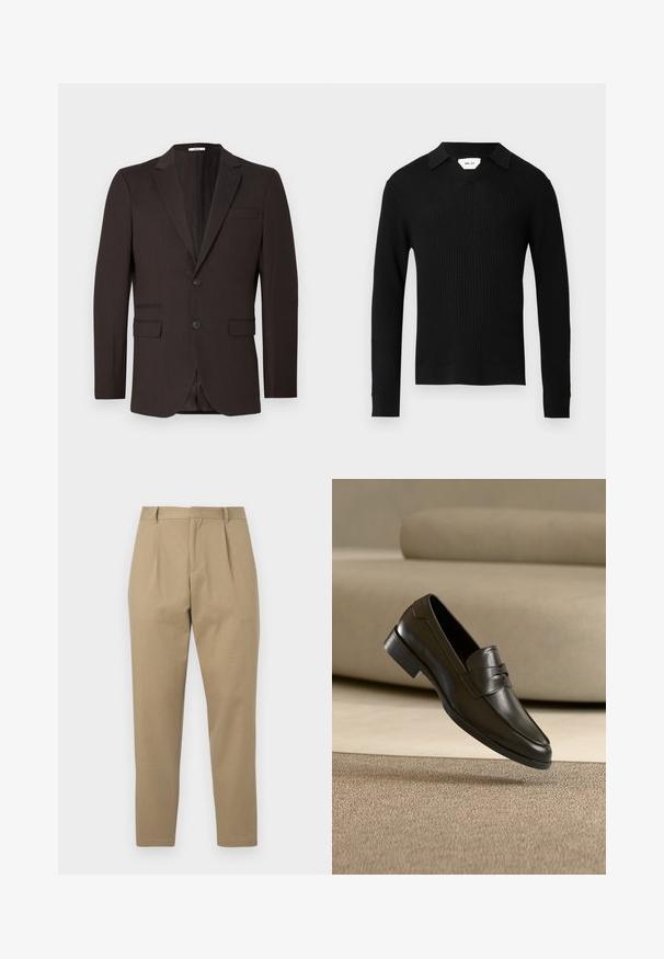 Mørkebrun herreblazer med to knapper, kløftede revers og tre forlommer, vist mod en ensartet lys baggrund.; Sort ribbet langærmet sweater med V-udskæring og krave. Stoffet har en tekstureret finish, der fremhæver dets elegante design.; Khaki bukser med et skræddersyet design, der har en flad fortil, to plisseringer og en slank ben silhuet. Fremstillet af glat stof med en ren finish.; Sort lædersko med slip-on design, svævende over beige tæppe med beige sofa i baggrunden, der fremhæver klassisk herrestil.