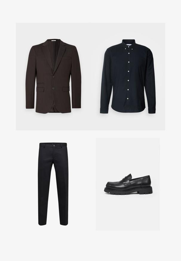 Blazer marrón oscuro de hombre con dos botones, solapas con muescas y tres bolsillos delanteros, mostrado sobre un fondo claro y sencillo.; Camisa de botón de manga larga negra de algodón, con cuello puntiagudo, botones blancos y un dobladillo recto con puños abotonados.; Pantalones formales negros con cierre de botón y cremallera, corte recto y trabillas para cinturón, mostrados sobre un fondo blanco.; Mocasín negro de cuero con suela gruesa y acanalada y detalle de tira para moneda, mostrado en perfil lateral derecho sobre fondo blanco.
