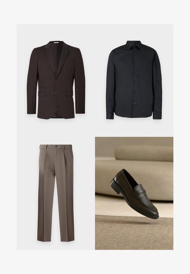 Donkerbruine herenblazer met twee knopen, inkepingrevers en drie voorzakken, getoond tegen een effen lichte achtergrond.; Zwart shirt met lange mouwen en een aangesloten pasvorm, knopen aan de voorkant, klassieke kraag en een gladde textuur; heeft zeven donkere knopen.; Bruine op maat gemaakte broek met plooien, voorzien van een knoopsluiting, riemlussen en een gladde, geweven textuur. Klassiek recht ontwerp.; Zwarte leren loafer die rust op een beige tapijt met een gebogen beige bank op de achtergrond.