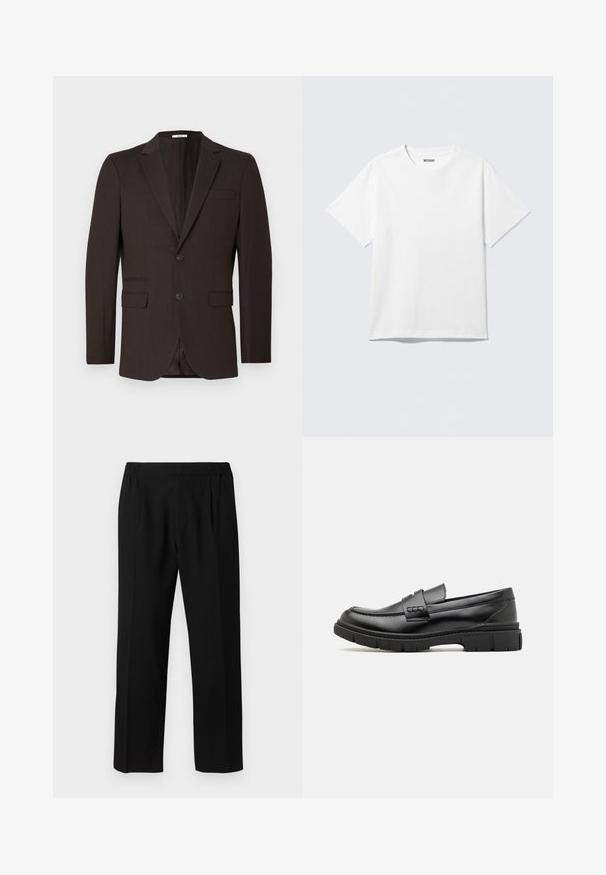 Donkerbruine herenblazer met twee knopen, inkepingrevers en drie voorzakken, getoond tegen een effen lichte achtergrond.; Witte T-shirt met korte mouwen en ronde hals, plat gelegd, effen ontwerp, met een "WEEKDAY" label in de kraag op een lichte achtergrond.; Zwarte broeken van een gladde stof, met een elastische tailleband, recht model en twee plooien aan de voorkant voor extra detail.; Zwarte leren instapper met een brede band over de voet, rubberen zool met dikke noppen en een gladde textuur. Klassiek, strak ontwerp.