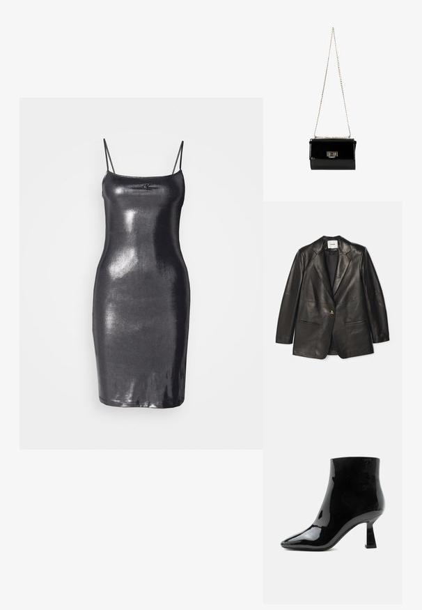 AERON Læderjakker - black; Sort, ærmeløs bodycon kjole lavet af skinnende, reflekterende materiale. Den har tynde stropper og en lige kant. Logo-detalje på fronten.; Sort blank laklæder ankelstøvle med spids tå og udvidet mellemhøj hæl på hvid baggrund.; Sort patentlæder håndtaske med en guldkæde-strop, rektangulær form, med en frontklaplukning og et metallisk logo-accent.