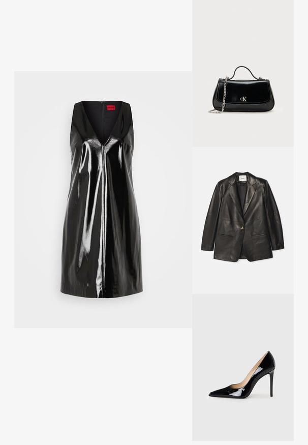 AERON Leren jas - black; Zwarte mouwloze jurk met een V-hals en glanzende, reflecterende afwerking; heeft een centrale ritssluiting en een minimalistisch design.; Zwarte lakleren hoge hakpumps met een puntige neus en een slanke silhouet. Heeft een gladde, glanzende afwerking en een slanke stilettohak.; Zwarte leren handtas met een ketting schouderband, gestructureerde vorm en een zilveren logo-accent. Gladde textuur met een flapsluiting.