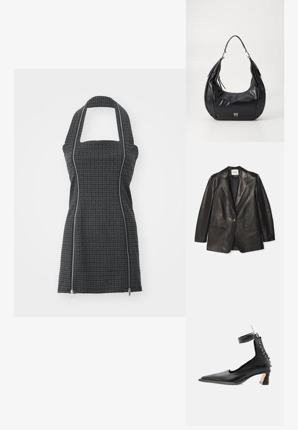AERON Leren jas - black; Zwarte en grijze gebloemde schort met halternek, vierkante halslijn, vooraan ritsdetails en een aansluitende vorm. Gemaakt van gestructureerde stof.; Zwarte leren schoen met lage hak en puntige neus, veters aan de achterkant en een enkelbandje, afgebeeld tegen een effen witte achtergrond.; Zwarte leren schoudertas met een gebogen silhouet, ritsaccenten en een kenmerkend logo. Gladde textuur en een verstelbare schouderband voor veelzijdigheid.