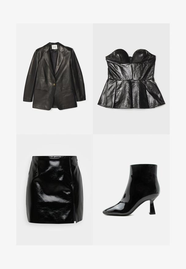 AERON Kožená bunda - black; Sara Battaglia SWEETHEART - Top - black; Čierna mini sukňa vyrobená z lesklého materiálu. Má bočný zips a rozparok na pravej strane pre pridaný detail a dizajn. Hladká textura.; Čierna lesklá lakovaná kožená členková obuv s špicatou špičkou a rozšíreným stredne vysokým podpätkom na bielom pozadí.