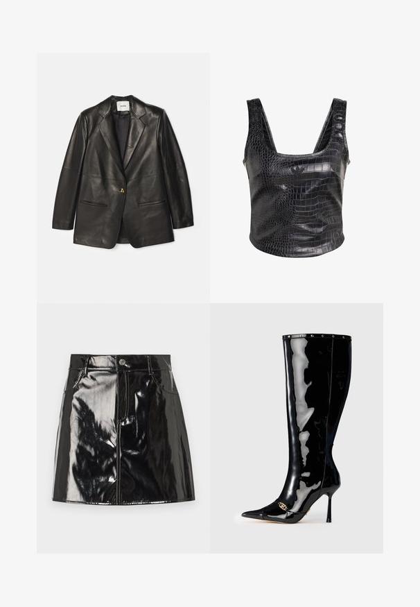 AERON Veste en cuir - black; Haut en similicuir noir avec texture crocodile, design sans manches et encolure dégagée avec un branding subtil sur le devant.; Mini-jupe en vernis noir avec une finition brillante, dotée d'une fermeture à bouton, de passants de ceinture et de poches avant pour un détail supplémentaire.; Botte en cuir verni noir montant jusqu'au genou, avec un bout pointu, un talon aiguille et des détails en métal doré au niveau du bout. Texture lisse et brillante.