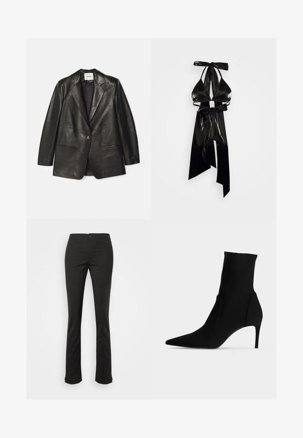 AERON Kožená bunda - black; ÚCHÈ By Amber BOWKINI - Top - black; Filippa K ZIP TROUSERS - Nohavice - black; Čierna členková čižma s ostrou špičkou a tenkým vysokým podpätkom, zobrazená z profilu na svetlom pozadí. Elegantný, minimalistický dizajn.