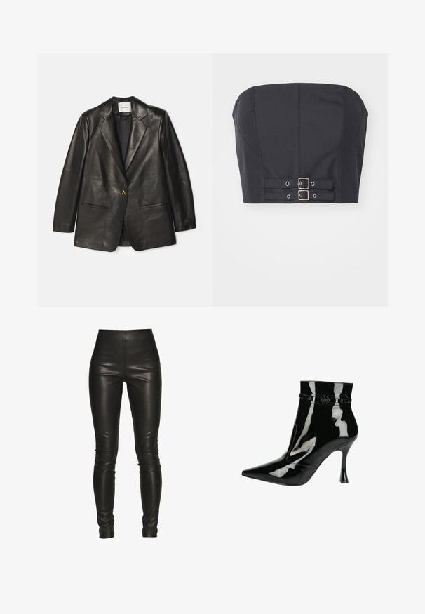AERON Læderjakker - black; Sort cropped top uden stropper med struktureret bodice, der har syninge og dobbelte metalspænder foran til lukning.; Svarte læder leggings med høj talje, slank pasform, glat tekstur og uden synlige sømme eller hardware detaljer.; Sorte patentlæder ankelstøvler med spids tå, blank finish, strømlinet design og en smal stilettohæl. Dekorative stropper som detalje.