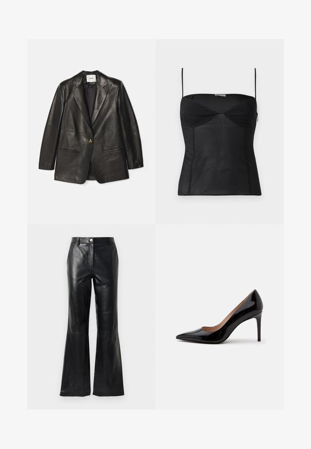 AERON Veste en cuir - black; Haut noir ajusté sans manches avec fines bretelles, encolure en cœur et détails de coutures sur un fond blanc uni.; Pantalons en faux cuir noir avec taille haute, fermeture à boutons, passants de ceinture et jambes évasées sur fond blanc.; Escarpin en cuir verni noir à talon haut avec bout pointu et talon aiguille, présenté de profil sur un fond blanc uni.