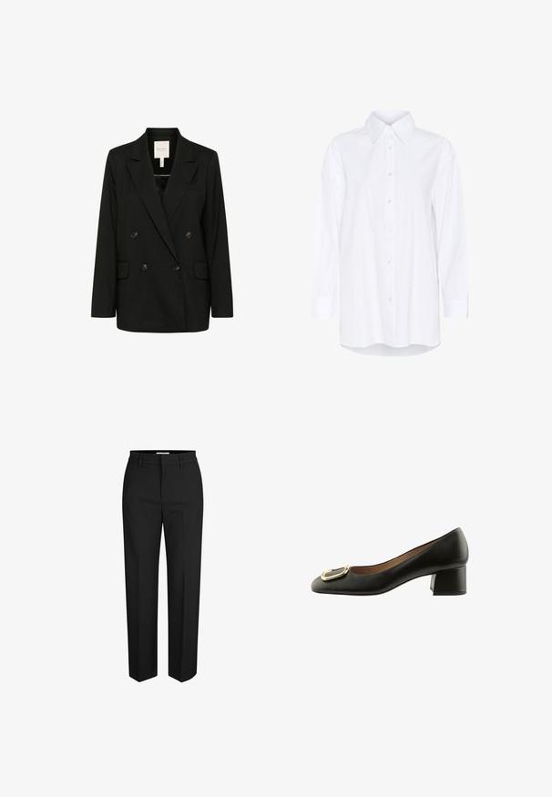 Sort dobbeltklaps blazer med spidse revers, to forlommer og knapdetaljer. Fremstillet af glat stof med en strømlinet silhuet.; Hvid langærmet skjorte med klassisk krave, frontlukning med knapper og lige snit; fremstillet af glat stof med en ren finish.; Sorte skræddersyede bukser med lige ben-design, syninger på sålen og en flad talje. Fremstillet af et glat stof.; Sort læderpumpe med rundet spids, gyldent spænde på vampen og lav blokhæl for stabilitet. Glat tekstur overalt.