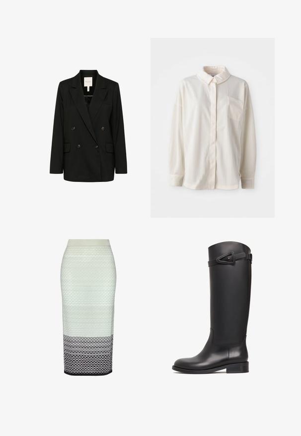 Sort dobbeltklaps blazer med spidse revers, to forlommer og knapdetaljer. Fremstillet af glat stof med en strømlinet silhuet.; Hvid skjorte med krave, knaplukning og lodrette striber, lange ærmer, enkelt brystlomme, lavet af glat stof med en blød tekstur.; Knælængde blyantskirt med en struktureret mintgrøn overdelsk, der går over i et mønstret grå og sort nederst. Glat strikmateriale.; Knæhøje sorte læderstøvler har en glat overflade, rund tå og et dekorativt bånd med en trekantet spænde øverst.