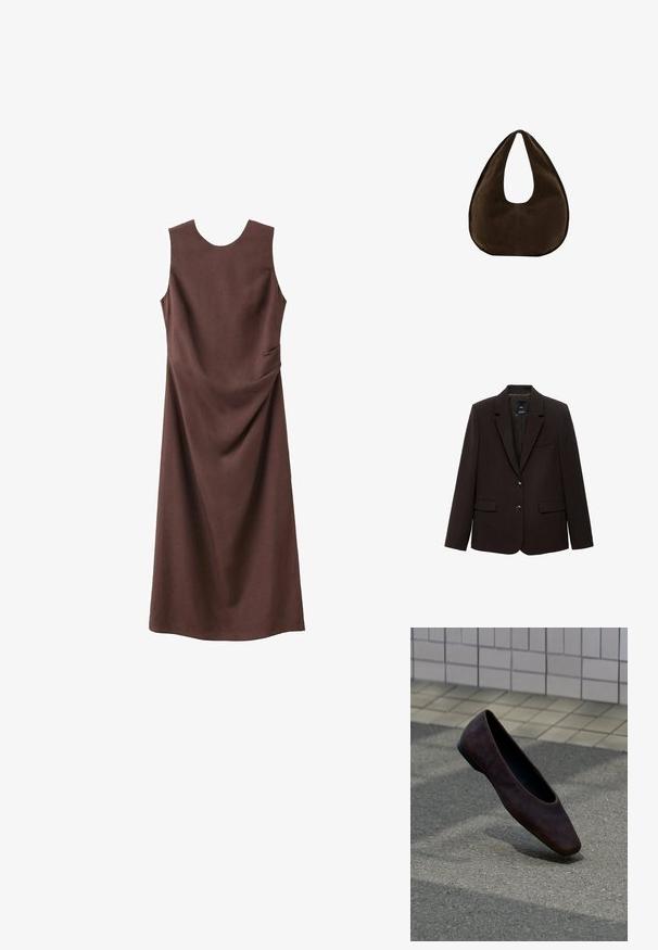 Blazer marron foncé en tissu texturé, avec un revers cranté, deux poches avant et deux boutons de fermeture. Doublé à l'intérieur.; Robe midi marron sans manches avec encolure ronde et subtil détail drapé sur le côté sur fond blanc.; Chaussure plate marron foncé unique flottant au-dessus d'un sol texturé avec un mur carrelé en arrière-plan.; Sac à main en daim marron foncé en forme de croissant avec une seule sangle large et une texture lisse sur fond blanc.