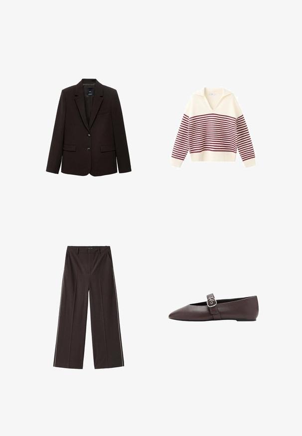 Mørkebrun blazer lavet af tekstureret stof, med en spids revers, to forlommer og to knapper til lukning. Foret indvendigt.; Kremfarvet sweater med vinrøde, vandrette striber, V-udskæring og bred krave. Ribstrikkede manchetter og kant giver tekstur til det strikkede stof.; Brune brede bukser lavet af glat materiale med hvide sidestriber. Funktioner inkluderer forlommer og en høj talje.; Brun flad sko med spids tå, sølvspænde over vristen, glat lædertekstur og lav hæl.