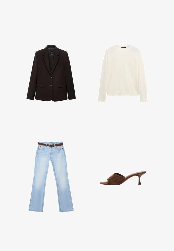 Mørkebrun blazer lavet af tekstureret stof, med en spids revers, to forlommer og to knapper til lukning. Foret indvendigt.; Hvid langærmet crewneck-trøje med ribstrikkede manchetter og kant, vist mod en helt hvid baggrund.; Lyseblå jeans med lige ben, falmet vask og brun læderbælte gennem bæltestropper, lagt fladt på en hvid baggrund.; Brun ruskind åben tå mule med mellemhøj, buet træsko hæl og slip-on design på en hvid baggrund.