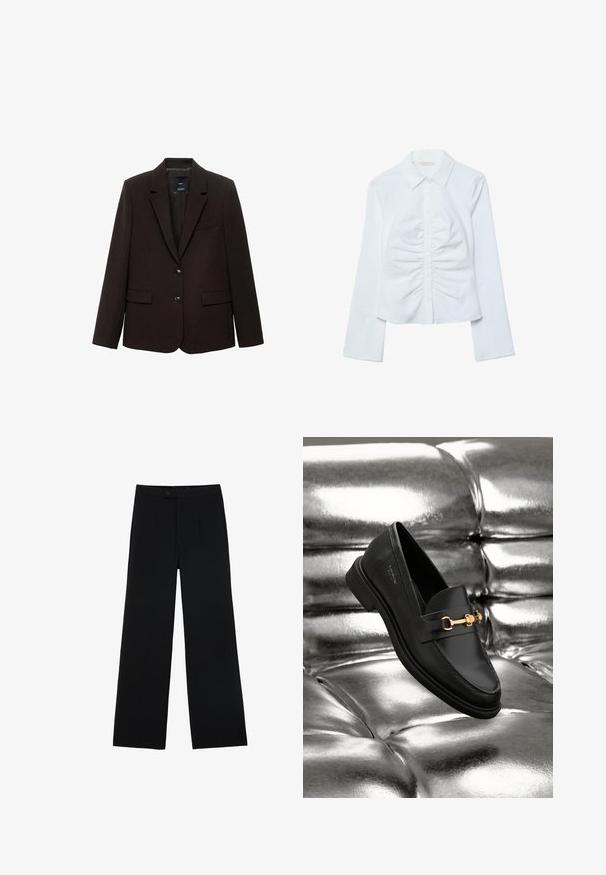 Donkerbruine blazer van textuurstof, met een gelapte revers, twee voorklauwen en twee knopen voor sluiting. Gevoerde binnenkant.; Witte blouse met lange mouwen, knopen aan de voorkant, een puntige kraag en plooidetails langs het midden aan de voorkant.; Zwarte wijde broek van gladde stof, met een ritssluiting aan de voorkant en twee plooien voor extra detail. Over het geheel een nauwkeurige pasvorm.; Zwarte leren instapper met een goudkleurig hardware-detail. De schoen heeft een strak ontwerp en een gladde, glanzende textuur.