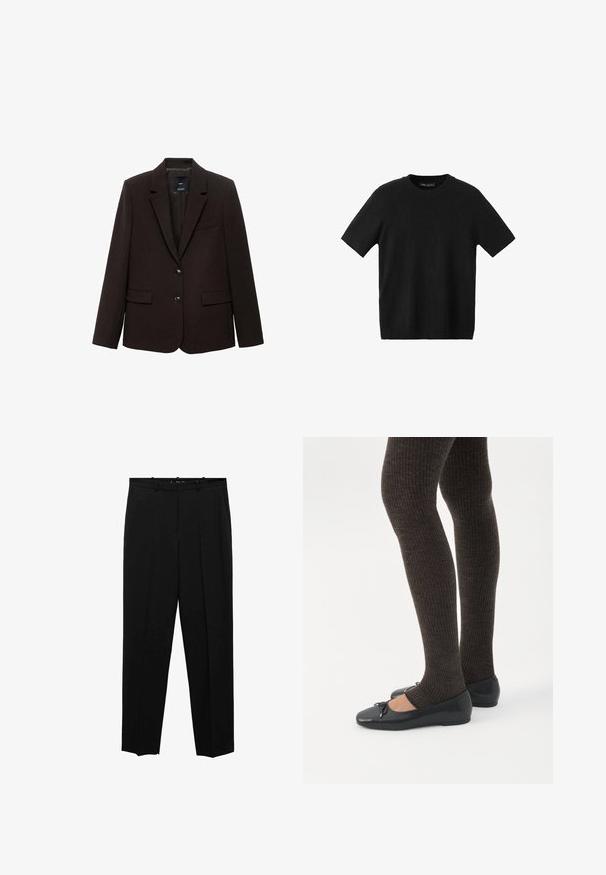 Blazer marron foncé en tissu texturé, avec un revers cranté, deux poches avant et deux boutons de fermeture. Doublé à l'intérieur.; T-shirt noir en maille à manches courtes avec un col rond, doté d'une coupe ajustée et d'une texture lisse, idéal pour un look décontracté.; Pantalons noirs ajustés avec une coupe droite, présentant des plis sur le devant, une texture lisse et une taille standard avec passants de ceinture.; Jambes portant des leggings côtelés foncés associés à des ballerines noires avec de petits détails en nœud sur fond blanc.