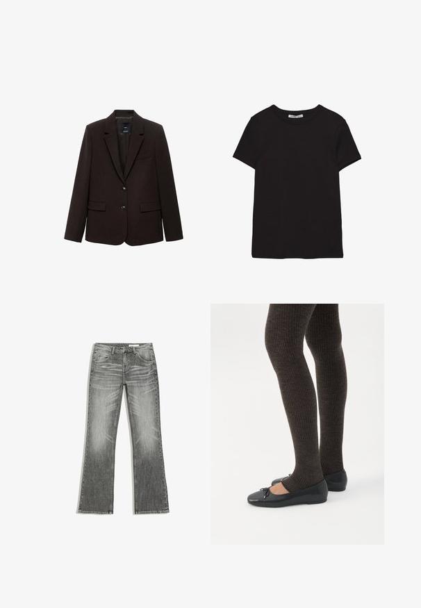 Donkerbruine blazer van textuurstof, met een gelapte revers, twee voorklauwen en twee knopen voor sluiting. Gevoerde binnenkant.; Zwart katoenen T-shirt met korte mouwen, ronde hals, standaard pasvorm en zichtbaar binnenlabel in de nek.; Grijze spijkerbroek met licht uitlopende pijpen, vijfzakkenontwerp en vervaagde details rond de dijen en knieën.; Benen met donkere geribbelde leggings gecombineerd met zwarte ballerina's met kleine strikdetails op een witte achtergrond.