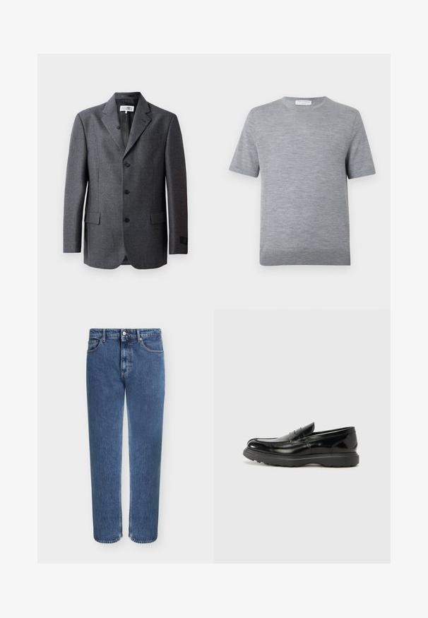 Grå blazer lavet af struktureret stof, med reverskrave, tre frontknapper, to sidelommer og en enkelt brystlomme.; Lysegrå strikket sweater med korte ærmer, rund hals og diskret ribbet kant, mærket "Tiger of Sweden 1903" inde i kraven.; Klassiske blå straight-leg cowboybukser med frontknap og lynlås, bæltestropper og fem lommestil.; Sort læderloafer med en blank finish, rund tå, subtile syninger og en tyk gummisål for holdbarhed.