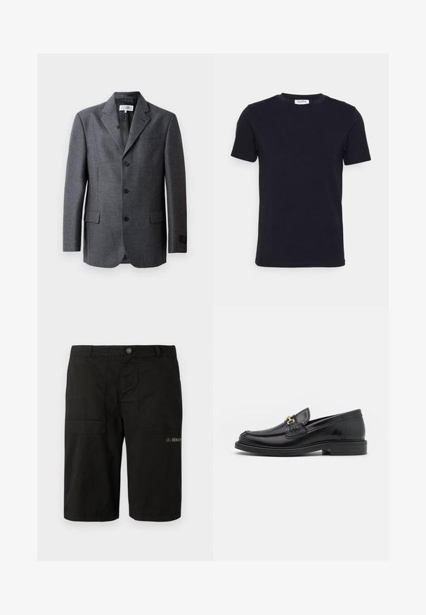 Grå blazer lavet af struktureret stof, med reverskrave, tre frontknapper, to sidelommer og en enkelt brystlomme.; Sort kortærmet t-shirt med rund hals og et lille hvidt mærke indeni halsudskæringen.; Sorte cargo shorts lavet af bomuld, med knaplukning, to sidelommer og subtil "LES BENJAMINS" brodering på fronten.; Sorte læder loafers med en rund tå, der har guld hardware accent og syningsdetaljer, placeret på en lav, tekstureret gummisål.