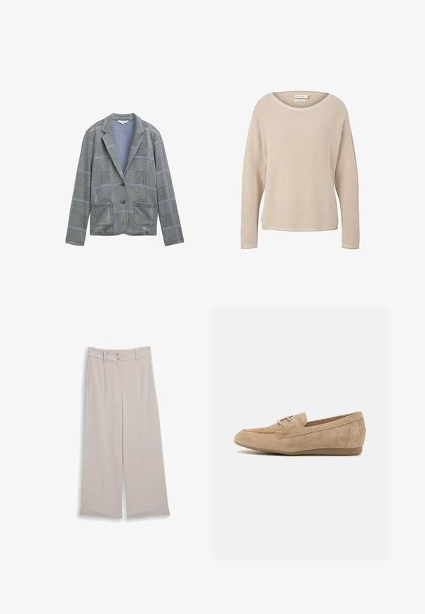 Blazer à carreaux gris avec un col cranté, deux poches avant, fermeture à un bouton et motif de tissu texturé.; Pull beige à manches longues en maille avec un col rond et un motif texturé, en coton biologique par Tom Tailor.; Pantalon beige à jambes larges avec passants de ceinture, deux boutons à la taille, et poches latérales, posé à plat sur un fond blanc.; Mocassin en suède beige avec un bout arrondi, des détails cousus, deux œillets avec des lacets et une semelle en caoutchouc flexible.