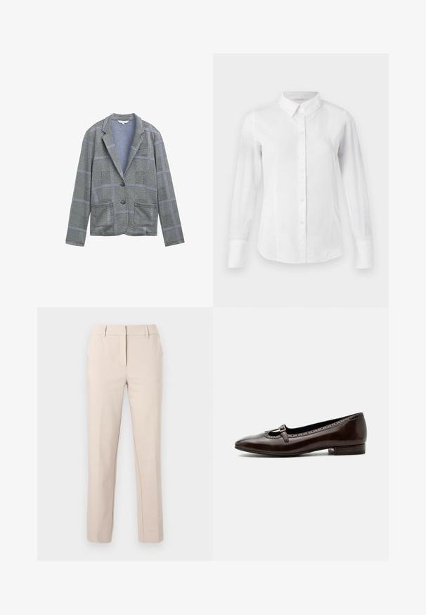 Blazer à carreaux gris avec un col cranté, deux poches avant, fermeture à un bouton et motif de tissu texturé.; Chemise blanche à boutons avec manches longues, col classique et coupe ajustée. Tissu en coton lisse avec un léger éclat et sans motifs.; Pantalon beige ajusté à jambe droite avec passants de ceinture, fermeture éclair frontale et bouton, sur un fond clair uni.; Chaussure Mary Jane en cuir verni brun foncé à talon bas, bout arrondi et petite bride à boucle sur le dessus.