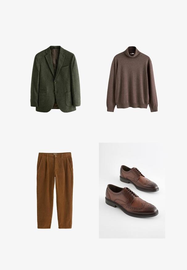 Blazer en laine vert en chevrons avec deux poches avant, fermeture à un bouton et revers crantés ; doublé d'un tissu marron à motifs.; Pull à col roulé marron en tissu doux. Il présente des manches longues et une coupe décontractée, avec des détails côtelés au col et à l'ourlet.; Pantalons en velours côtelé marron à coupe droite, dotés de plis à l'avant, de poches inclinées et d'une fermeture à un seul bouton à la taille.; Chaussures habillées brogue en cuir marron avec détails perforés et semelles noires, présentées côte à côte sur un fond blanc.