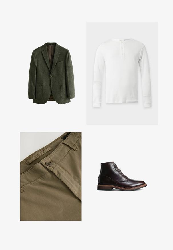 Blazer en laine vert en chevrons avec deux poches avant, fermeture à un bouton et revers crantés ; doublé d'un tissu marron à motifs.; T-shirt thermique blanc à manches longues avec col rond et patte de boutonnage à trois boutons, présenté à plat sur fond clair.; Pantalons kaki avec une texture lisse, dotés d'une fermeture à bouton, de passants de ceinture et de nervures horizontales subtiles sur le tissu.; Bottine en cuir brun foncé avec bout rond, fermeture à lacets sur le devant et talon empilé sur un fond blanc.