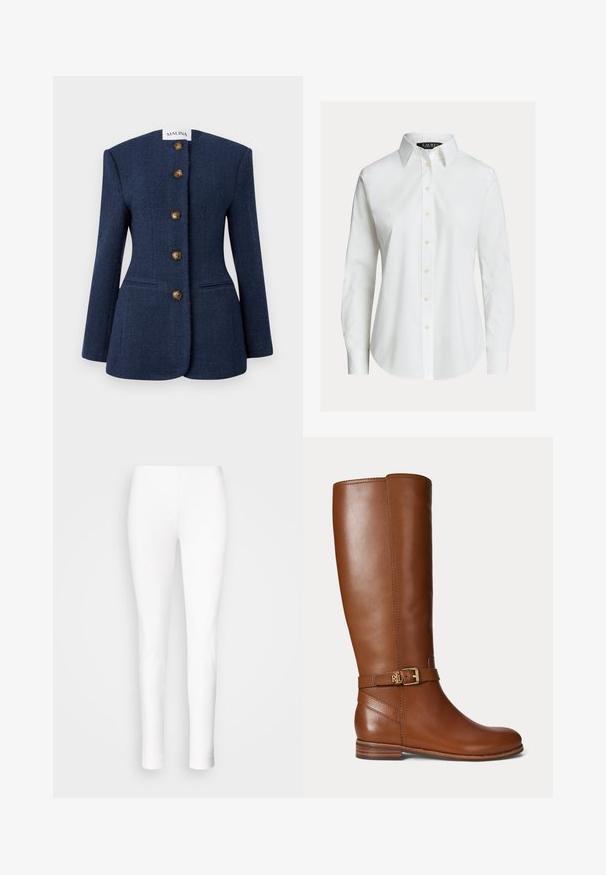 Blazer en tweed bleu marine avec un design structuré, cinq boutons marron et deux poches avant. Il dispose d'un col haut et plat ainsi que de longues manches.; Chemise blanche à manches longues avec col pointu, boutons sur le devant et ourlet légèrement incurvé.; Leggings blancs en matériau extensible. Conception ajustée avec une texture lisse, s'affinant aux chevilles sans fermetures visibles ni embellissements.; Botte en cuir marron montant jusqu’au genou avec une petite boucle dorée et le logo "RL" sur la sangle près de la cheville, talon plat et finition lisse.