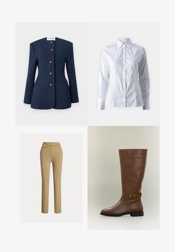 Marineblå tweed blazer med et struktureret design, fem brune knapper og to forlommer. Har en høj, flad krave og lange ærmer.; Hvid skjorte med lange ærmer, spidse krave, tætsiddende design, glat bomuldsstof og frontlukning med knapper.; Beige skræddersyede bukser med en glat tekstur, høj talje, to dekorative knapper og en enkelt baglomme. Lige ben-design.; Høj brun læderstøvle med en strop med spænde på siden og lav sort sål, fotograferet mod en neutral baggrund.