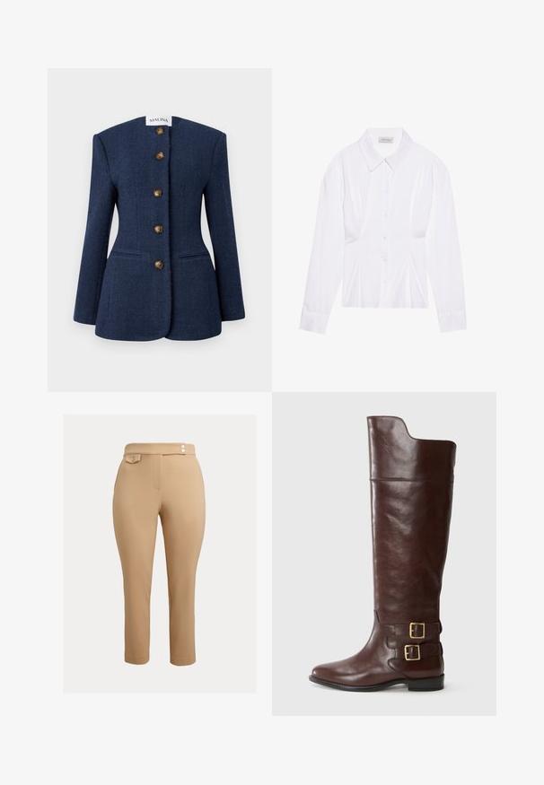 Blazer en tweed bleu marine avec un design structuré, cinq boutons marron et deux poches avant. Il dispose d'un col haut et plat ainsi que de longues manches.; Blouse blanche à manches longues avec un col classique, fermeture à boutons sur le devant et détail froncé sur le côté. Tissu lisse avec une coupe ajustée.; Pantalon beige ajusté à taille haute, doté de deux petits boutons décoratifs à la taille et d'une poche à rabat boutonnée sur le côté droit.; Botte en cuir marron montante avec un bout arrondi, dotée de deux boucles en métal doré au niveau de la cheville et d'une texture lisse et polie.