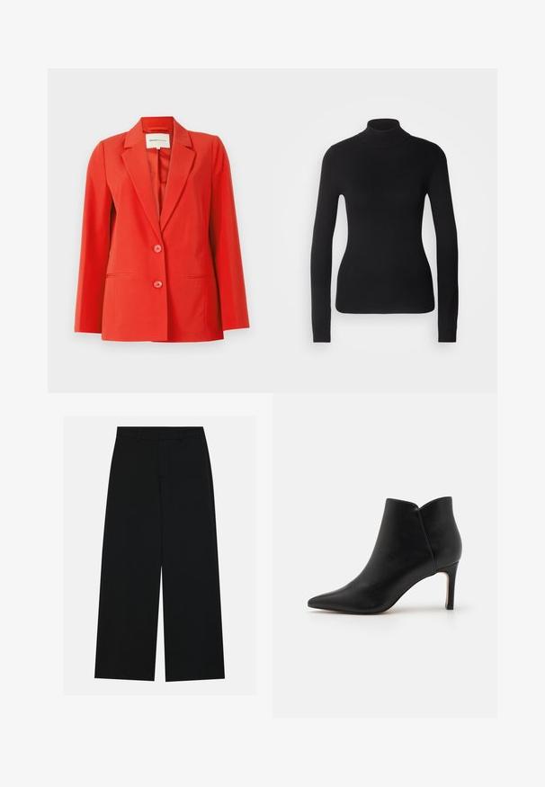 Rode blazer met een op maat gemaakte pasvorm, inslagkraag, twee voorzakken en twee knopen. Gladde stof met een gestructureerde silhouet.; Zwarte coltrui gemaakt van lichte brei stof. Heeft lange mouwen, een aansluitend design en een zachte ribbeltextuur.; Zwart, wijde broek van een gladde stof. Heeft een plat tailleband met riemlussen en geen zichtbare zakken. Eenvoudig ontwerp.; Zwarte leren enkellaarsjes met een puntige neus, taps toelopend ontwerp en een stilettohak, met een unieke geschulpte opening bij de enkel.
