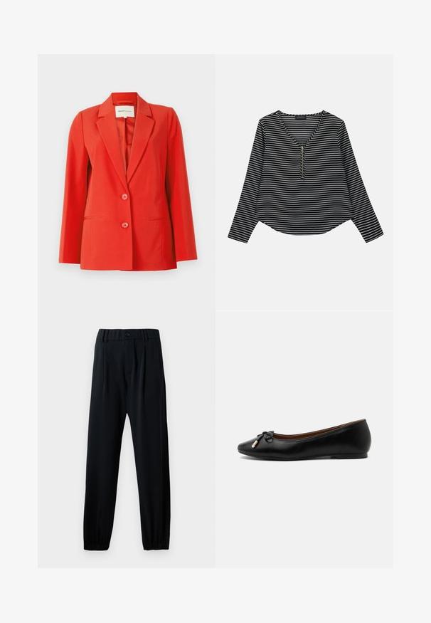 Rode blazer met een op maat gemaakte pasvorm, inslagkraag, twee voorzakken en twee knopen. Gladde stof met een gestructureerde silhouet.; Zwart-witte gestreepte longsleeve top met een v-hals en een rits in het midden. De stof lijkt glad, met een ontspannen, iets cropped pasvorm.; Zwarte, elastische taillebandbroeken met een knoopsluiting, recht model en gathered boorden. Gemaakt van een gladde, lichte stof.; Zwarte leren ballerina met een afgeronde neus, een klein strikje met goudkleurige uiteinden en een lage platte hak op een grijze achtergrond.