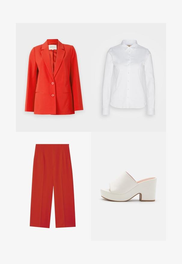 Rode blazer met een op maat gemaakte pasvorm, inslagkraag, twee voorzakken en twee knopen. Gladde stof met een gestructureerde silhouet.; Witte langwerpige blouse met knopen en een brede kraag, gemaakt van een gladde katoenstof met een afgeronde zoom. De stof heeft een lichte glans.; Rode wijde broeken met een gladde textuur, met zijzakken en een getailleerde pasvorm. Schone lijnen en geen zichtbare sluitingen.; Witte platform mules met een gladde afwerking, open teen ontwerp en een chunky hak. Kenmerkt zich door een subtiele bovennaad en een contrasterende zool.