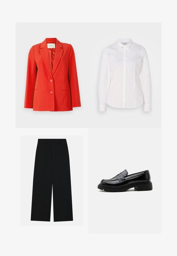 Blazer rojo con un ajuste entallado, cuello con muesca, dos bolsillos frontales y dos botones. Tela suave con una silueta estructurada.; Camisa blanca de botones hecha de algodón suave, con un cuello clásico, mangas largas y un logo sutil en el pecho. Cuenta con cierre frontal de botones.; Pantalones negros de pierna ancha hechos de una tela suave. Presentan una cintura plana con pasadores de cinturón y sin bolsillos visibles. Diseño sencillo.; Mocasín de cuero negro brillante con suela gruesa de tacos y tira tipo "penny", mostrado de perfil sobre un fondo blanco liso.