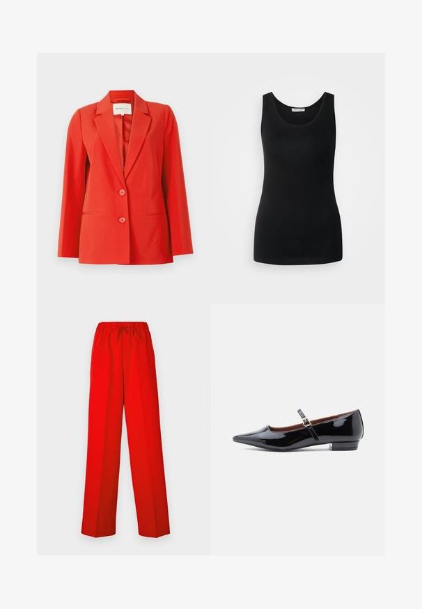 Blazer rojo con un ajuste entallado, cuello con muesca, dos bolsillos frontales y dos botones. Tela suave con una silueta estructurada.; Camiseta sin mangas negra, hecha de tela suave, presenta un clásico escote redondeado y un diseño ajustado. Sin patrones ni acentos.; Pantalones rojos de diseño de pierna ancha, hechos de una tela suave. Presenta una cinturilla elástica y un detalle de cordón para un ajuste ajustable.; Zapato plano Mary Jane de charol negro con punta afilada y tacón bajo, con una correa ajustable y hebilla dorada.