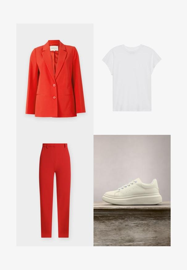Blazer rojo con un ajuste entallado, cuello con muesca, dos bolsillos frontales y dos botones. Tela suave con una silueta estructurada.; Camiseta blanca de manga corta con cuello redondo, corte relajado, hecha de suave tela de algodón. Textura lisa, sin estampados ni logotipos.; Pantalones de sastre rojos con una textura suave, corte recto, trabillas para cinturón y bolsillos delanteros. Presentan un diseño limpio y minimalista.; Zapatilla deportiva de cuero blanco con puntera redonda, textura lisa y cordones en contraste. Cuenta con orificios de ventilación y una suela de goma gruesa para mayor comodidad.