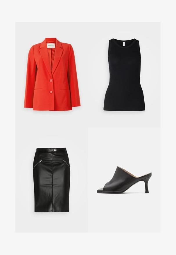 Blazer rouge avec une coupe ajustée, col cranté, deux poches avant et deux boutons. Tissu lisse avec une silhouette structurée.; Débardeur noir sans manches en tissu côtelé, avec un col rond et une coupe ajustée, à la texture douce et sans motifs.; Jupe crayon en cuir noir avec une texture lisse, dotée de deux poches zippées à l'avant et d'une silhouette ajustée.; Selected ASHLEY - Mules à talons - black