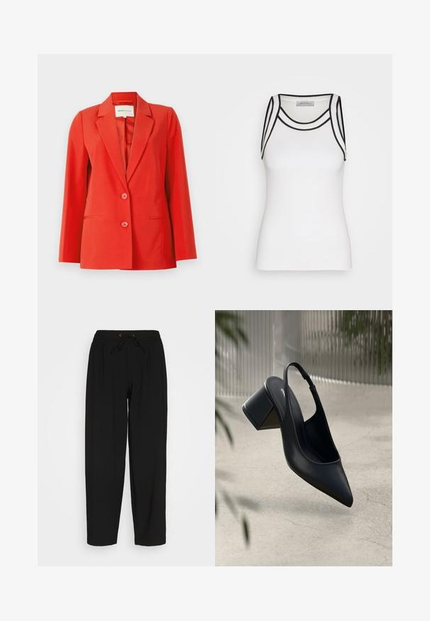 Rode blazer met een op maat gemaakte pasvorm, inslagkraag, twee voorzakken en twee knopen. Gladde stof met een gestructureerde silhouet.; Witte tanktop van ribstof, met zwarte accenten langs de halslijn en armsgaten, en een aansluitende pasvorm.; Zwarte sweatpants met een elastische tailleband en een trekkoord. Heeft een relaxte pasvorm en een recht model. Zacht materiaal zonder patronen.; Zwarte leren slingback hak met een spitse neus en een blokhak. Glad oppervlak, minimalistisch ontwerp en verstelbare enkelband.