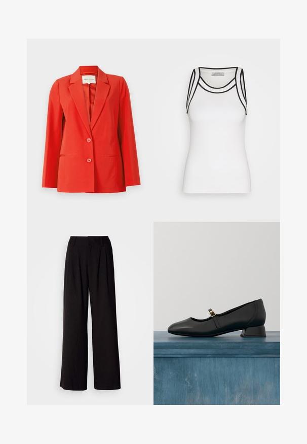 Rød blazer med en skræddersyet pasform, klippet krave, to forlommer og to knapper. Glat stof med en struktureret silhuet.; Hvid tanktop lavet af ribbet stof, med sorte accenter langs halsudskæringen og armhullerne, i en tætsiddende silhuet.; Sorte bukser med vid benvidde lavet af glat stof, med folder foran, en tætsiddende talje og uden synlige mønstre eller detaljer.; Sort læder Mary Jane-sko med lav blokhæl og guldbeslag, svævende over en betonbund med en tekstureret, gennemsigtig baggrund.