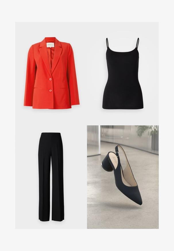 Blazer rojo con un ajuste entallado, cuello con muesca, dos bolsillos frontales y dos botones. Tela suave con una silueta estructurada.; Camiseta de tirantes finos en color negro, fabricada en un tejido elástico y suave, con una silueta ajustada. Sin estampados ni adornos.; Pantalones negros de pierna ancha con una pretina alta, hechos de una tela suave, con pliegues frontales y un diseño clásico y entallado.; Zapato de tacón alto negro tipo slingback con puntera afilada, textura suave, y un acento metálico en el tacón, con una pequeña hebilla ajustable.