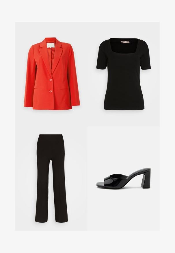 Rote Blazer mit taillierter Passform, Reverskragen, zwei vorderen Taschen und zwei Knöpfen. Glattes Material mit strukturiertem Schnitt.; Schwarzes Kurzarm-Oberteil mit quadratischem Ausschnitt. Aus weichem, dehnbarem Stoff gefertigt. Verfügt über saubere Nähte und eine figurbetonte Silhouette.; Schwarze, weite Hose aus glattem Stoff mit einem anliegenden hohen Bund und ohne sichtbare Hardware oder Muster.; Schwarzer Pantoletten aus Lackleder mit offenem Zehenbereich, breitem Riemen und klobigem mittelhohem Blockabsatz auf weißem Hintergrund.