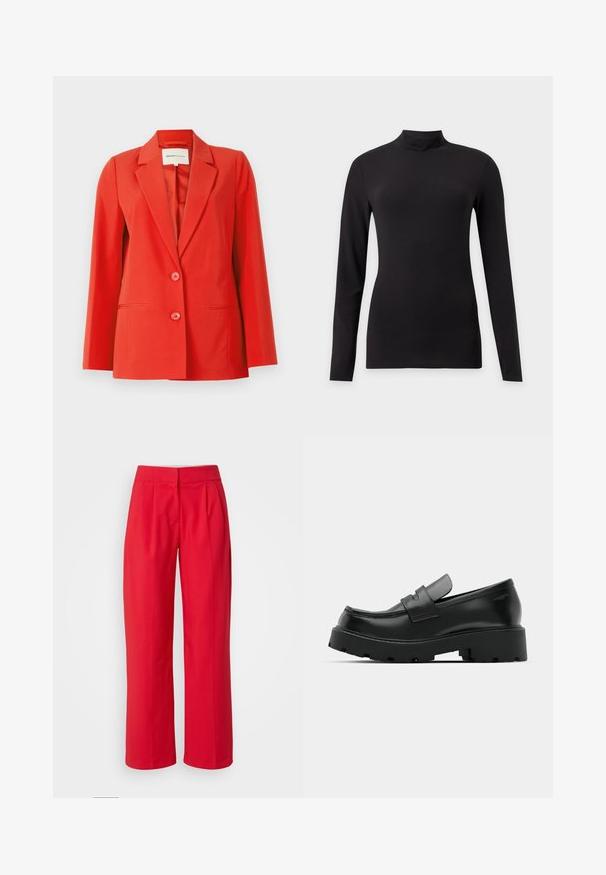Blazer rojo con un ajuste entallado, cuello con muesca, dos bolsillos frontales y dos botones. Tela suave con una silueta estructurada.; Top negro ajustado de manga larga con cuello alto simulado, mostrado sobre un fondo liso gris claro.; Pantalones rojos de pierna ancha con una textura suave, que presentan pliegues delanteros y una cinturilla plana. Sin bolsillos visibles ni detalles de herrajes.; Mocasines de cuero negro con suela gruesa y texturizada, que presentan una correa sobre el empeine y un acabado suave y pulido.