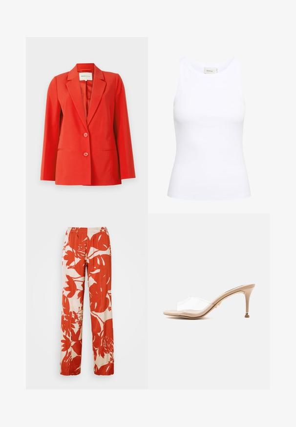 Rode blazer met een op maat gemaakte pasvorm, inslagkraag, twee voorzakken en twee knopen. Gladde stof met een gestructureerde silhouet.; Witte geribde tanktop met een ronde halslijn en zonder mouwen. Rekbaar materiaal en een aansluitend ontwerp. Het label op de achterkant zegt "GESTUZ."; Rode en crèmekleurige bloemenpatroon wijde broek met een elastische tailleband. De stof heeft een zachte textuur en toont grote bladeren en bloemen ontwerpen.; Beige damesslipper met hoge hak en een transparante brede band en een kleine gouden accenten op de slanke hak tegen een effen achtergrond.
