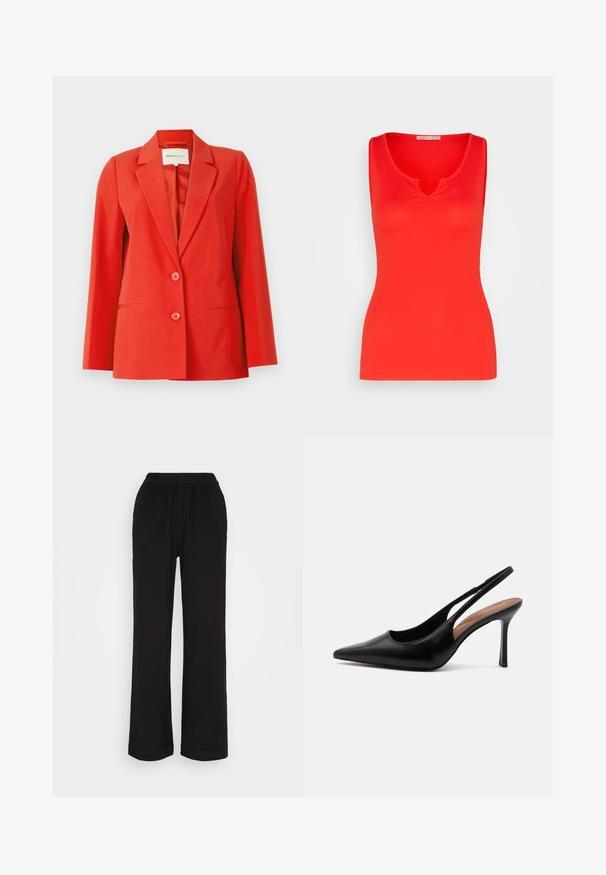 Rød blazer med en skræddersyet pasform, klippet krave, to forlommer og to knapper. Glat stof med en struktureret silhuet.; Anna Field Top - red; Sorte elastiske bukser med lige ben og sidelommer, lagt fladt ud på en hvid baggrund.; Sort læderspids tå højhælede slingback-sko med tynd stilethæl og åben bagrem på hvid baggrund.