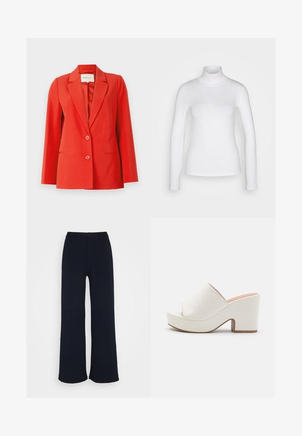 Rote Blazer mit taillierter Passform, Reverskragen, zwei vorderen Taschen und zwei Knöpfen. Glattes Material mit strukturiertem Schnitt.; Weißes langärmeliges Rollkragenshirt aus einem glatten, dehnbaren Stoff. Hat eine enganliegende Passform und einen hohen Kragen. Keine sichtbaren Muster oder Akzente.; Marinefarbene Weitbeinhosen aus weichem Stoff, mit flachem Bund und ohne sichtbare Taschen, in einem glatten, unstrukturierten Finish.; Weiße Plateau-Pantoletten mit einer glatten Oberfläche, offenem Zehendesign und einem klobigen Absatz. Merkmale sind eine subtile obere Naht und eine kontrastierende Sohle.