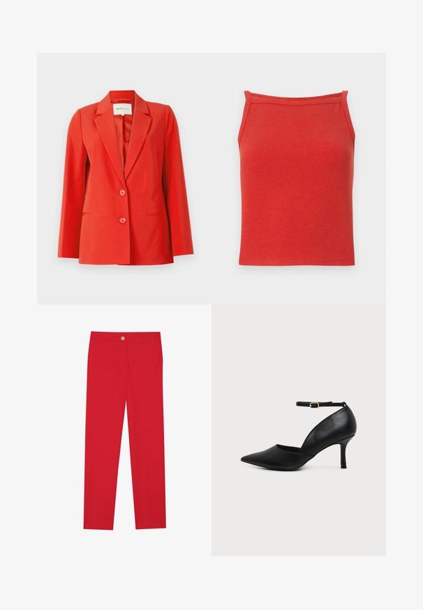 Rød blazer med en skræddersyet pasform, klippet krave, to forlommer og to knapper. Glat stof med en struktureret silhuet.; Rød ribbet tanktop med en tætsiddende design, smalle stropper og en glat tekstur. Har en simpel, ren halsudskæring og ingen ekstra detaljer.; Røde bukser med lige pasform, flad front, enkelt knaplukning og to sidelommer. Glat stof uden synlige mønstre eller accenter.; Sort læder sko med spids tå, kitten heel, ankremme og gylden spænde på neutral baggrund.