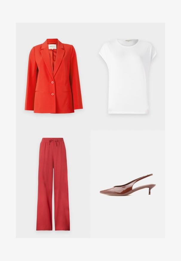 Rød blazer med en skræddersyet pasform, klippet krave, to forlommer og to knapper. Glat stof med en struktureret silhuet.; Hvid kortærmet t-shirt med rund halsudskæring, blød tekstur og et simpelt design. Rene linjer med en afslappet pasform.; Røde vidde bukser med elastisk talje og snøre, lavet af blødt stof.; Blank brun slingback kitten heel med spids tå og lav, slank hæl på hvid baggrund.