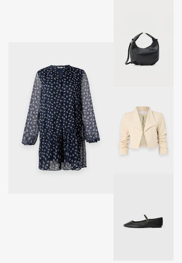 Chaqueta cropped beige con cuello extragrande, mangas fruncidas y una textura suave. El forro interior es de un verde claro contrastante.; ONLY ONLEMILIE LIFE SHORT DRESS - Vestido camisero - night sky; Bailarinas de cuero negro con punta afilada, suela plana y una pequeña correa con hebilla alrededor del tobillo para un ajuste seguro.; Bolso de mano de cuero negro trenzado con asa corta y correa de hombro desmontable, exhibido sobre un fondo claro y liso.