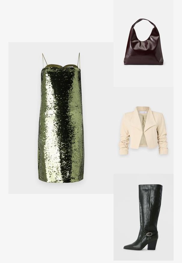Veste cropped beige avec un col surdimensionné, des manches froncées et une texture lisse. La doublure intérieure est d'un vert clair contrastant.; Robe à paillettes vertes avec une coupe droite, fines bretelles ajustables, présentant une texture réfléchissante et une silhouette élancée.; Botte en cuir vert, haut jusqu'au genou, avec un bout pointu, un talon carré et une sangle décorative avec un détail de boucle en argent. Texture lisse avec une brillance.; Sac en cuir vegan bordeaux, brillant, avec une forme douce et sculpturale et une large poignée incurvée pour un transport facile.
